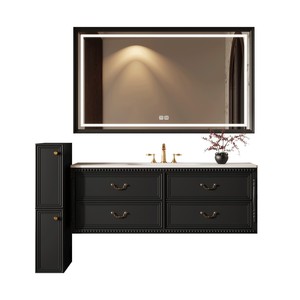 French freestanding bathroom vanity LED light strip storage <b>mirror</b> cabinet marble countertop - Product Image 5