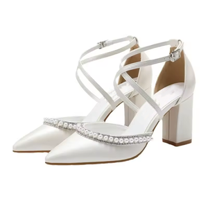 Chaussures de mariage pour femmes, pointure 35-43, bout pointu, talons hauts blancs pour femmes, sandales à talons épais pour mariée, design de créateur. - Product Image 6