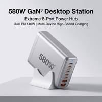 Station de charge de bureau GaN3 580W PD140W PD100W PD30W QC20W 6 ports Type-C + 2 ports USB-A QC Chargeur rapide pour ordinateurs portables de jeu MacBook