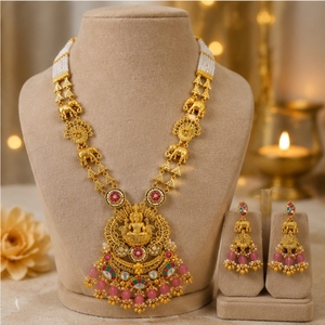 Traditional 925 Silver Strand Necklace Earrings Set with Pink Beads <b>Elephant</b> Pendant Temple Jewelry for Women Bridal Party <b>Gift</b> - Product Image 4