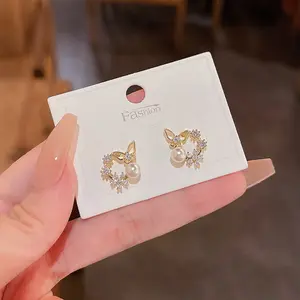 Bling Bling Crystal Strass Vlinder Stud Oorbellen Prachtige Barok Parel Cz Bloem Oorbellen Sieraden Voor Vrouwen Meisje