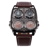 OULM Men Watches Cool Sports Casual Quartz Wristwatch Leather Strap Oversize Military Compass Dial 2 Time Zone Watch Men