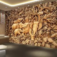 Décor mural 3D en relief en bois sculpté, motif famille d'éléphants Art Déco, nature morte jungle, pour spa thaïlandais, restaurant, décoration intérieure, décoration personnalisée