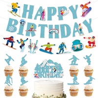Ensemble de décoration pour fête d'anniversaire sur le thème du ski, bannière Joyeux Anniversaire, décorations de gâteau, décorations de snowboard d'hiver
