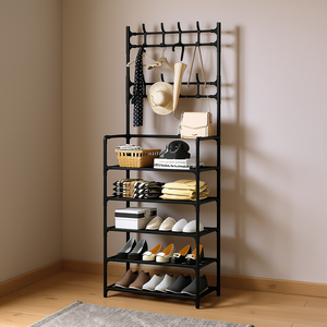Myrva 3-In-1 Multipurpose <b>Rack</b> With <b>Coat</b> Hooks, Five-Layer Metal <b>Shoe</b> <b>Storage</b> Stand, Minimalist Design For Closet Organization, - Product Image 2