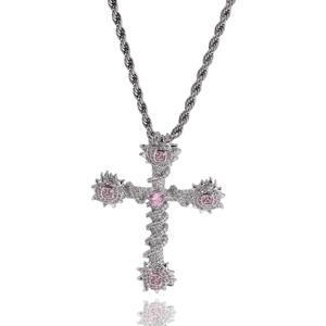 Hip Hop Entièrement CZ Croix Charme Collier Pendentif Or Blanc Plaqué Laiton Métal Glacé <span class=keywords><strong>Ronce</strong></span> Blessure Croix Zircon Diamants Pendentif - Product Image 2