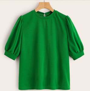 Blusa Elegante de Verano para Mujer K797, Verde, Casual, con Manga Abullonada y Espalda con Abertura, Sólida, de Media Manga, para Trabajo - Product Image 2