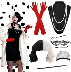 Kostüm 70er Jahre Kostüm für Frauen 70er Cosplay Zubehör mit Spitzen maske Handschuhe Perlen Schmuck Perücke für Halloween Kostüme