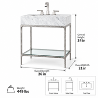 Meja rias kamar mandi mewah custom 26 inci dengan wastafel marmer batu alam, kaki besi cor, untuk renovasi kamar mandi kecil.