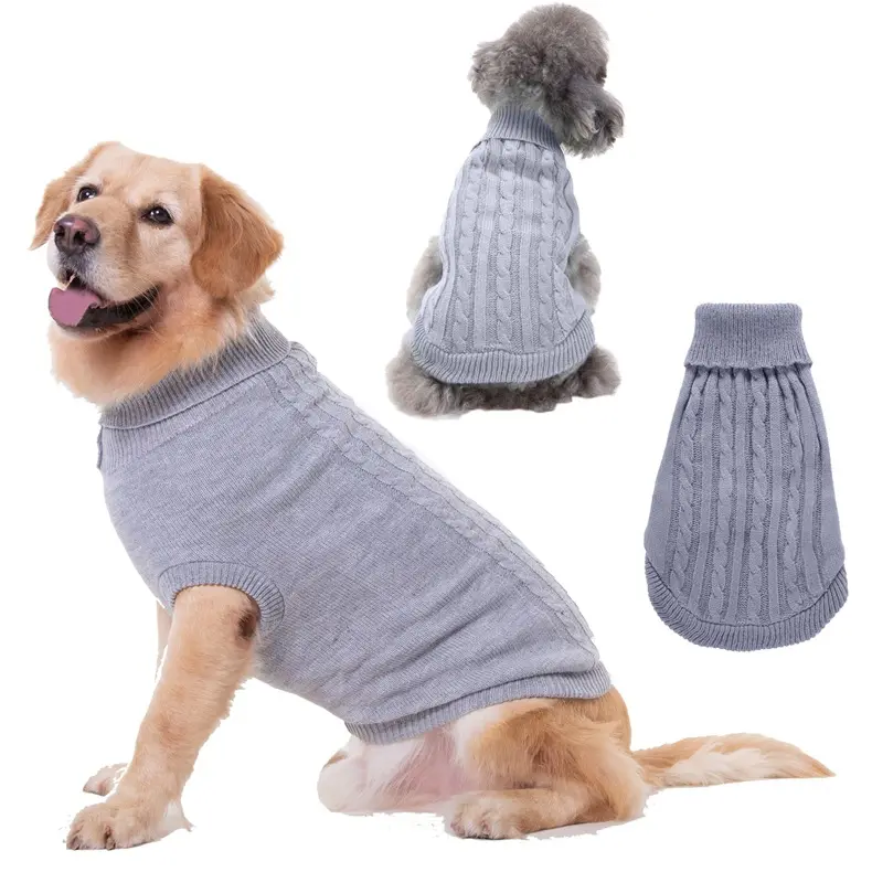 Wholesale Amazon Hot Sale Solid Color Simple Twist Retro Cable Turtleneck Pet Dog Sweater Big Dog Golden Retriever Clothes