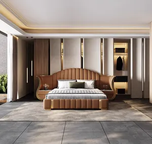 独特创意意大利床现代家居储物特大号橙色皮革异国情调床架，带大床头板和床头柜