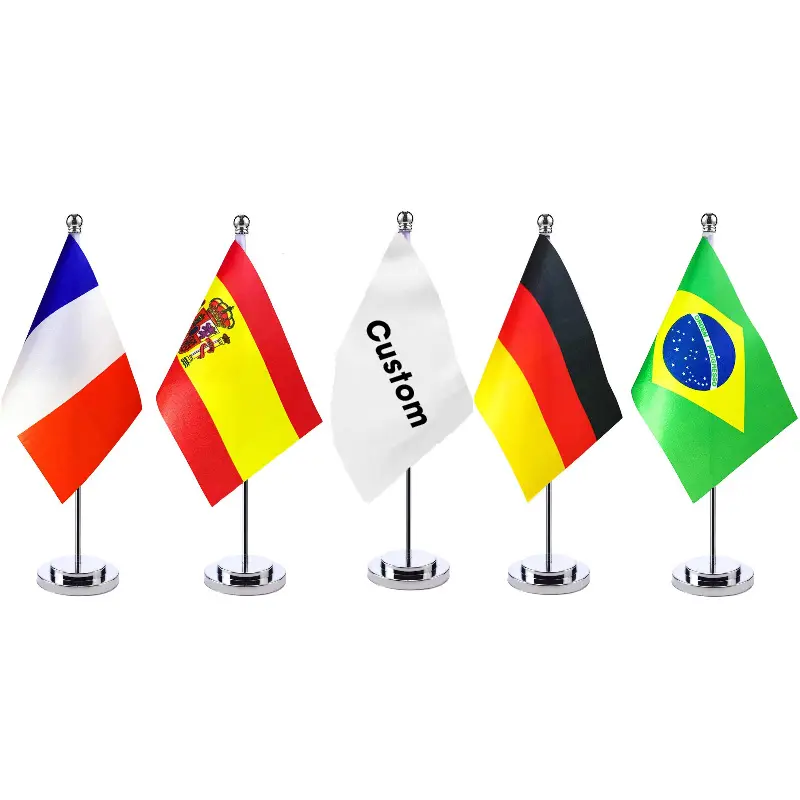 Mini banderas de mesa de acero inoxidable, decoración de oficina, doble cara, impreso, logotipo personalizado, soporte de bandera de mesa de país nacional