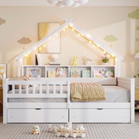 Lit enfant en forme de maison en bois avec barrières de sécurité, tiroirs de rangement, étagère à livres et éclairage LED pour chambre de garçons et filles, lit de sieste pour tout-petits, mobilier de maison