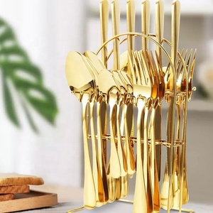 24 Piece Cutlery <strong>Set</strong> Stainless Steel Flatware <strong>Gold</strong> Forks Knives Spoon <strong>Set</strong> 24 Pcs Cutlery Silverware <strong>Set</strong> With Stand - Product Image 1