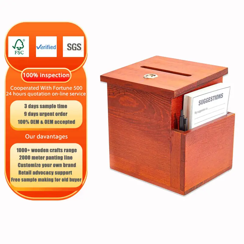 กล่องข้อเสนอแนะไม้พร้อมการ์ด (สีน้ําตาล, 50 การ์ดข้อเสนอแนะ) กล่องจดหมายไม้