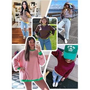 Fisoew Women's Striped Oversized Sweatshirt Color Block Crew Neck Long Sleeve Casual Loose Pullover <b>Top</b> <b>Y2K</b> Style - Product Image 4