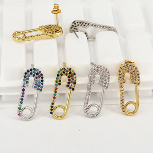 EC1457 Dainty Ladies' Gold Rainbow CZ Micro Pave <strong>Safety</strong> <strong>Pin</strong> <strong>Earrings</strong> , Fashion Diamond <strong>Safety</strong> <strong>Pin</strong> Stud <strong>Earrings</strong> - Product Image 1