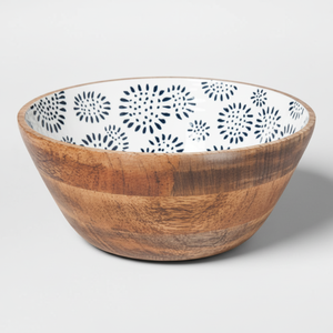 Bol de service rond en bois de manguier artisanal, intérieur imprimé émail bleu et blanc, bol à salade décoratif, vaisselle de cuisine, cadeau - Product Image 1