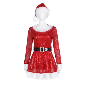 Ensemble de robe de Noël à paillettes avec chapeau, gants, ceinture, bas rayés à hauteur de cuisse, costume de cosplay rouge - Product Image 3