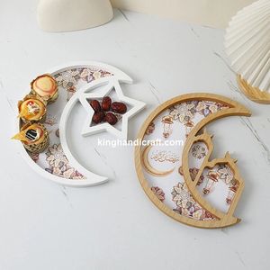 Plateau de service flexible en bois de luxe avec nacre pour le Ramadan Eid Mubarak |   Assiette décorative artisanale pour les dattes, adaptée aux boissons - Product Image 3