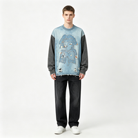 T-shirt col rond patchwork avec appliqué strass motif dessin animé, ourlet effiloché, trous déchirés, manches contrastantes, style streetwear
