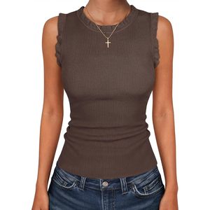 FOXA Débardeur côtelé pour femme, col rond, sans manches, à volants, tricoté, respirant, pour l'été, tenue décontractée - Product Image 1