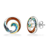Boucles d'oreilles clous en argent sterling 925 plaqué bicolore, bois de Koa et coquille d'ormeau, motif vague hawaïenne