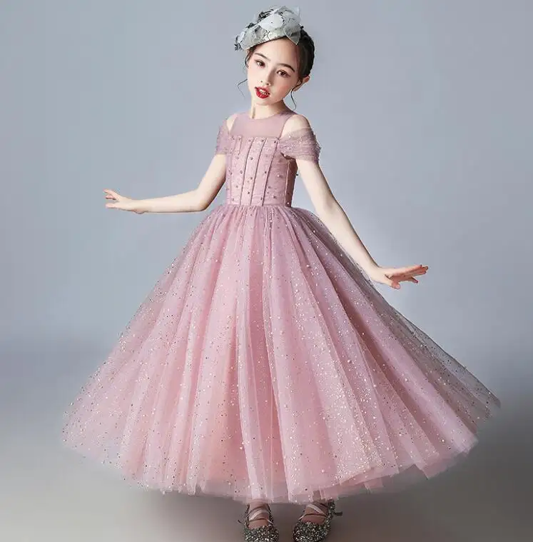 Pink Elegant Off-The-Shoulder Fashion Newest Girls Dresses Sequined Backless Puffy Dress Fashion Newest Girls Dresses
