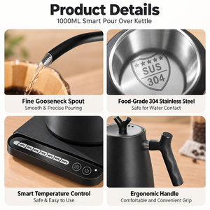 Hervidor Eléctrico Kingze OEM Barista Tools de <span class=keywords><strong>1</strong></span> <span class=keywords><strong>Litro</strong></span> y 1000W con Control de Temperatura y Boquilla de Cuello de Cisne para Preparar Café y Té - Product Image 4