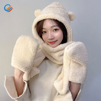 Ensemble écharpe, bonnet et gants d'hiver chauds et épais pour l'extérieur, avec bonnet moelleux à oreilles d'ours mignonnes et effet flou, pour fille