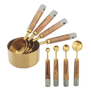 Высококачественная Золотая мерная чашка для выпечки, кухонный инструмент из нержавеющей стали, набор ложек с деревянной ручкой из акации
