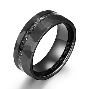 Gentdes Jewelry Fashion Jewelry Rings 8MM Black Silver Hammered Brushed Tungsten Wedding Band Inlay Meteorite Shaving Ring