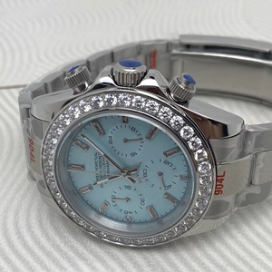 Nouvelle montre chronographe à quartz pour homme de 39 mm, boîtier en acier massif, cadran bleu glacé avec index en strass, alimentée par un mouvement VK63 - Product Image 5