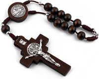 Bracelet chapelet en corde de bois avec perles en bois, crucifix argenté, chapelets catholiques Saint-Benoît pour rétroviseur de voiture