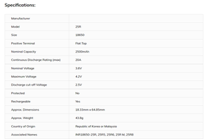 真新しいICR 18650 25R <span class=keywords><strong>3.7V</strong></span> 2500mAhディープサイクル20A放電円筒形フラットトップバッテリー円筒形リチウムイオンバッテリー - Product Image 6