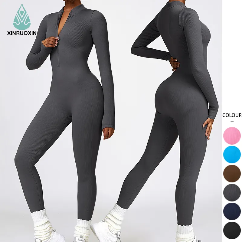 Groothandel Nieuwe Ontwerp Workout Sets Yoga Fitness Kleding Jumpsuits Voor Vrouwen Rits Lange Mouw Naadloze Eendelige Jumpsuit