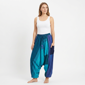 Pantalon de yoga harem bohème élégant pour femme, patchwork, taille élastique, coton d'été avec poches fantaisie, pantalon streetwear - Product Image 1