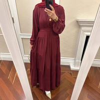 Robe longue musulmane modeste deux pièces pour femme, Abaya ouverte avec ceinture, ensemble islamique en polyester, satin turc respirant, manches ballon
