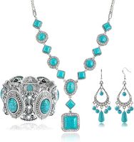 Colliers pendentifs bohèmes vintage en pierre turquoise multi-formes, boucles d'oreilles pendantes à pampilles en forme de goutte, bracelets larges creux gaufrés pour femme