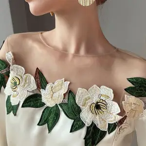 2023 New Fall Mesh Splicing Satin Flower Embroidery Shirts Off The Shoulder Flare Sleeve Elegant Office Women's Blouses Shirts