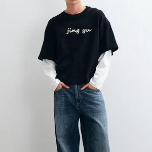 Manufacturer designs stylish casual <b>black</b> double-layer <b>long</b>-sleeved <b>top</b> custom soft cotton <b>long</b>-sleeved T-shirt - Product Image 1