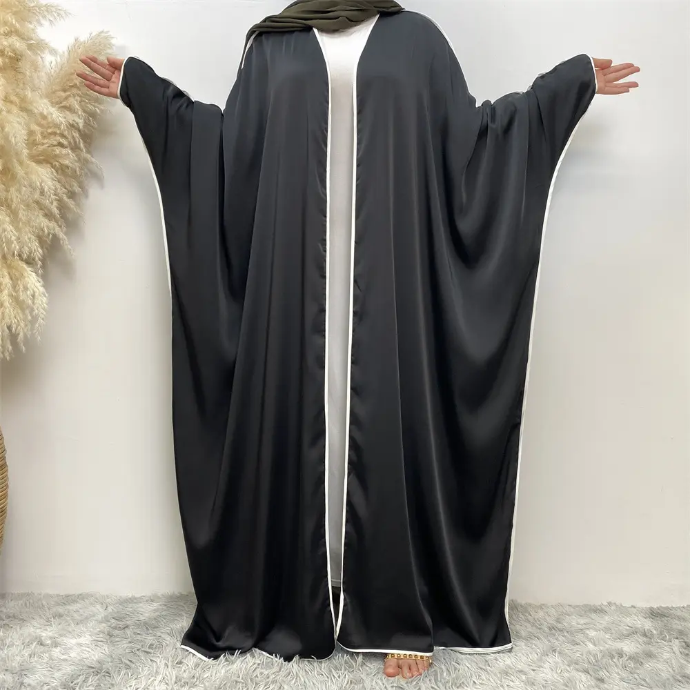 Front Satin Batwing Sleeve Open Kimono Arabic Style Dubai Eid Ramadan Muslim Abaya Turkish Kaftan Cardigan Abaya With White Line