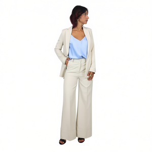 Pantalon pour femme beige à jambes larges et taille haute, pantalon formel pour le travail de bureau - Product Image 3