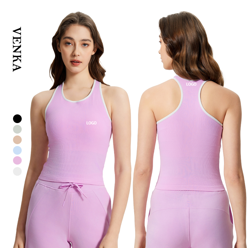 Women's Casual Fitness Yoga Tank Tops Plus Size Color Block Design Seamless Neck Sports Vest Lightweight Beautiful Back Chest