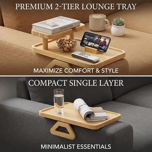 Plateau de service double couche <span class=keywords><strong>en</strong></span> bois et bambou pour accoudoir de canapé, avec porte-gobelet de voiture et support de téléphone, pour manger, boire du café et télécommander la télévision - Product Image 5