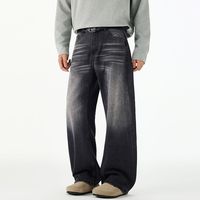 Pantalon en jean noir délavé coupe ample évasée style rétro américain - Marque tendance unisexe, pantalon long décontracté à jambe large dégradé