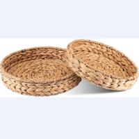 Handgeweven waterhyacint opbergmanden met houten handvatten, voedselveilig, ronde vorm, voor fruit en voedsel.