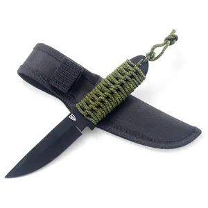 Black Oxidized Blade Rope Grip Handle Fixed Blade Knife 7.5'' Hunting Knife Outdoor Tools