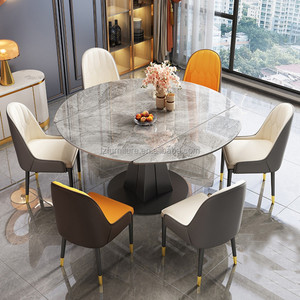 Mesa de Comedor Redonda Extensible Estilo Italiano, Tapa de Losa de Roca Blanca, Base de Pedestal Negra, para 4-8 Personas, Muebles para Hogar, Hotel, Restaurante - Product Image 6