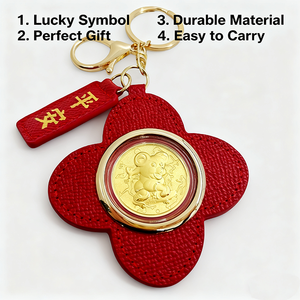 Llavero de Cuero Rojo con Signo Zodiacal de Buey, Amuleto de la Suerte para Bolso, 100% Oro Puro, Regalo Personalizado - Product Image 2